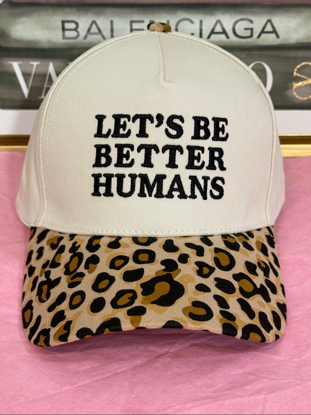 Zenana Cream Baseball Cap with Leopard Brim “Lets be better humans”